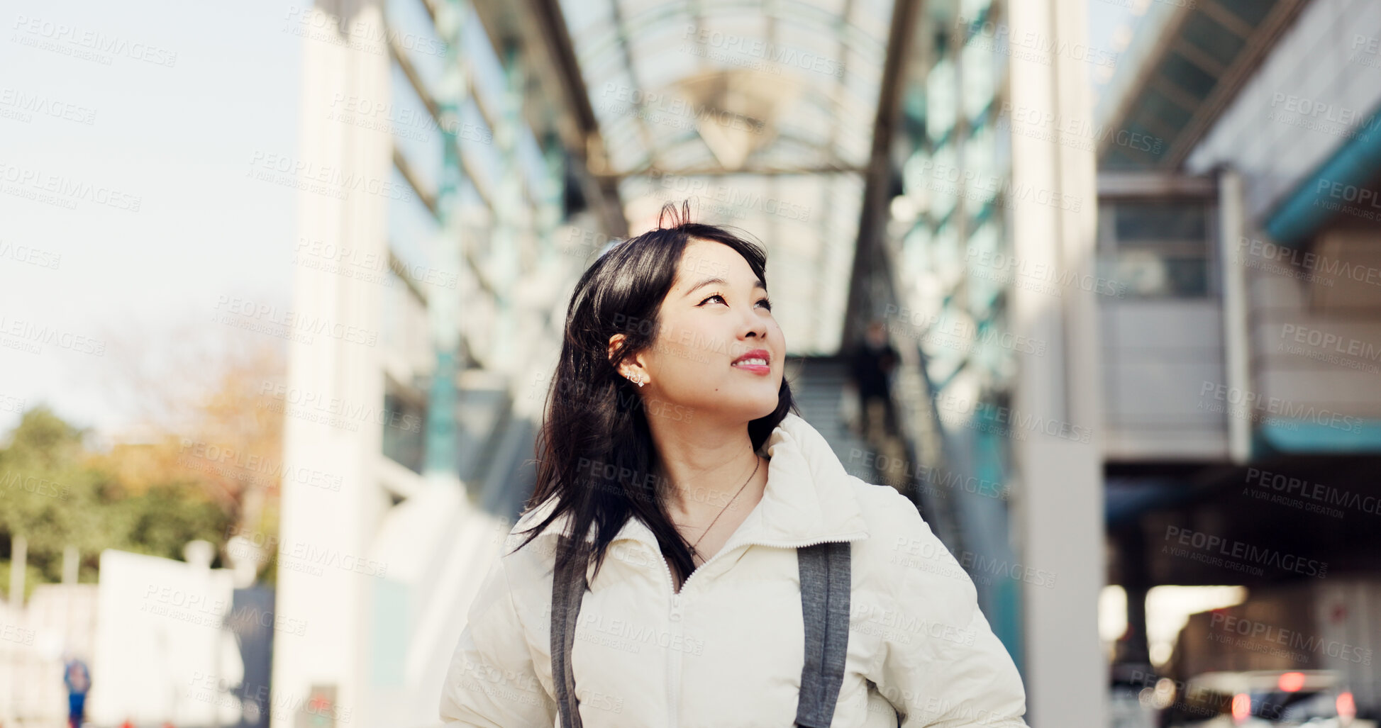 Buy stock photo Walking, thinking and Japanese woman in city on commute, travel and journey in metro. Student, fashion and person with trendy clothes, backpack or bag for university, college and adventure in town