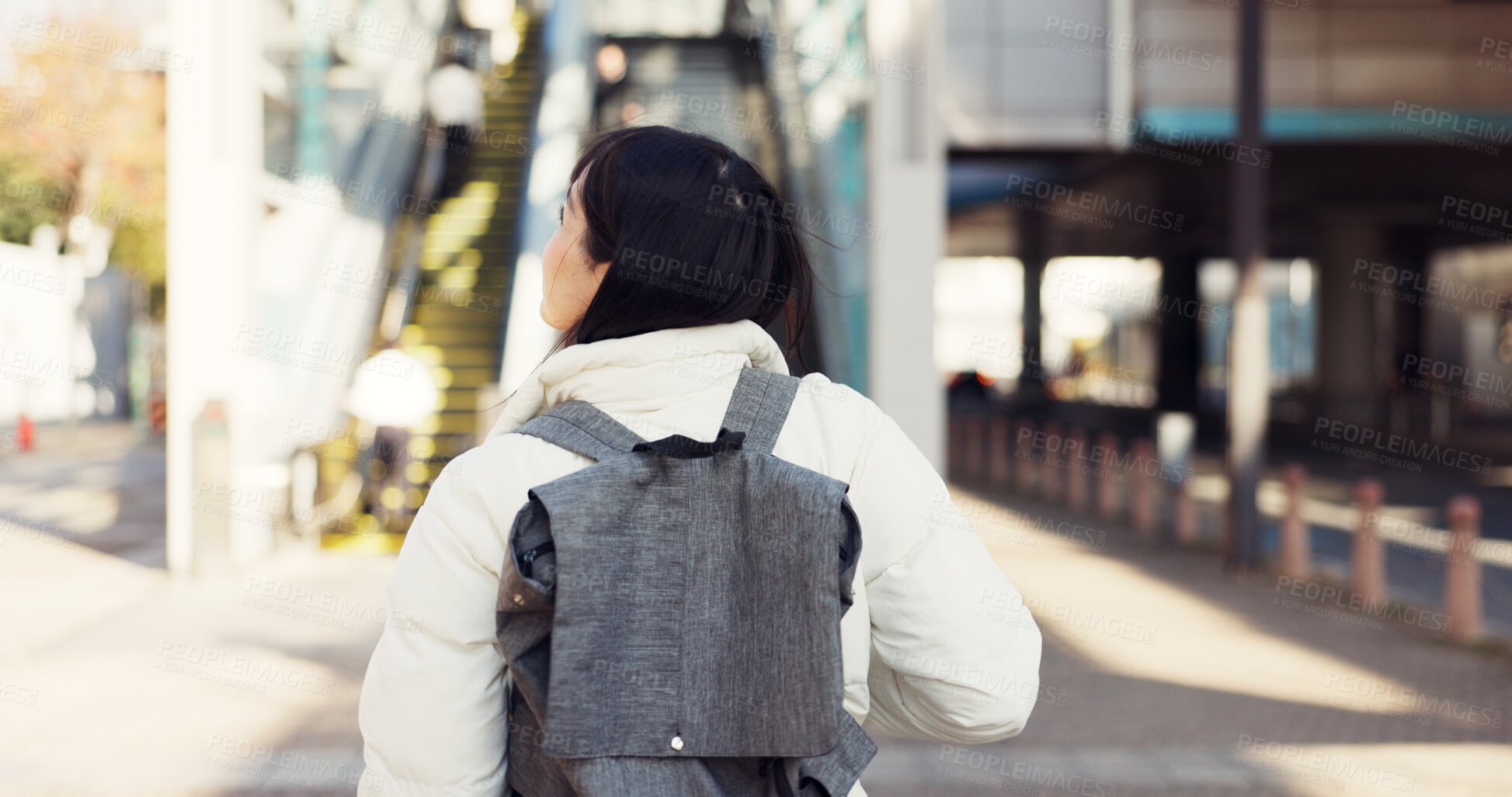 Buy stock photo Walking, thinking and Japanese student in city on commute, travel and journey in metro. Student, fashion and woman with trendy clothes, backpack or bag for university, college and adventure in town