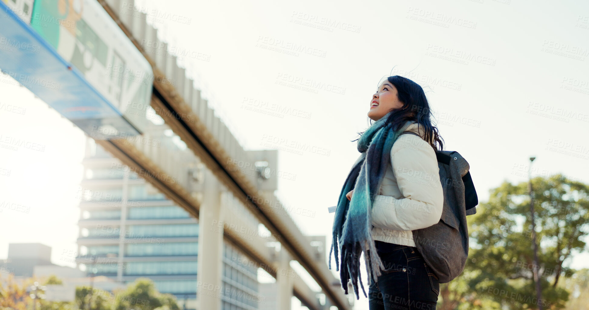 Buy stock photo Japanese, woman and happy in city with travel in nature for morning commute, sightseeing or tourism. Person, smile and backpack in Tokyo for holiday, vacation or adventure outdoor in urban town