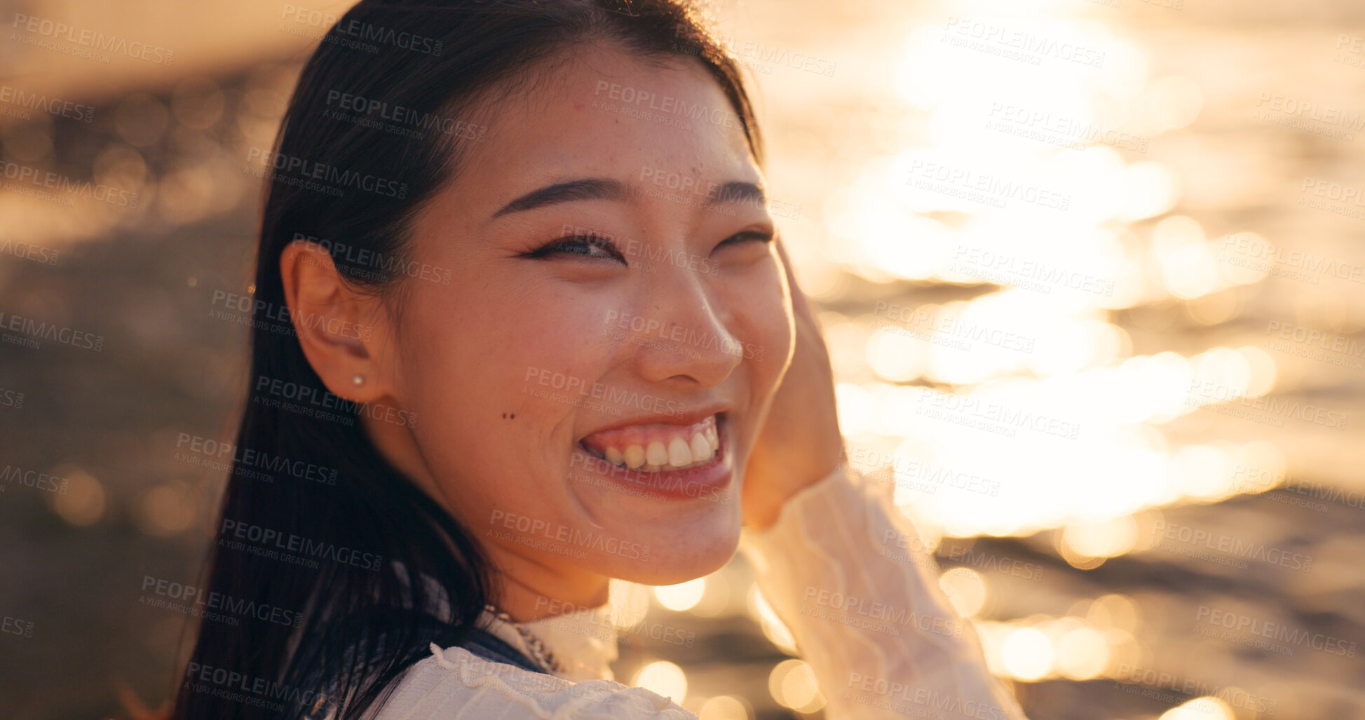 Buy stock photo Japanese, woman and face, ocean and sunset with travel, tourism and happiness in nature. Environment, sea and traveller on adventure or journey, sunshine and portrait and tropical trip in Kyoto