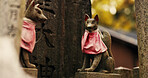 Fox statue at Shinto shrine in forest with spiritual history, Japanese culture and vintage art in nature. Travel, landmark and stone jinja sculpture in woods with stone animal monument, trees and god