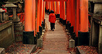 Man on path walking in Torii gate in Kyoto with peace, mindfulness and travel with spiritual history. Architecture, Japanese culture and person in orange tunnel at Shinto shrine in forest from back.