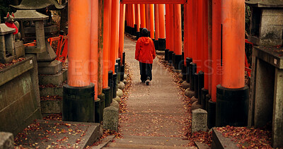 Man on path walking in Torii gate in Kyoto with peace, mindfulness and travel with spiritual history. Architecture, Japanese culture and person in orange tunnel at Shinto shrine in forest from back.