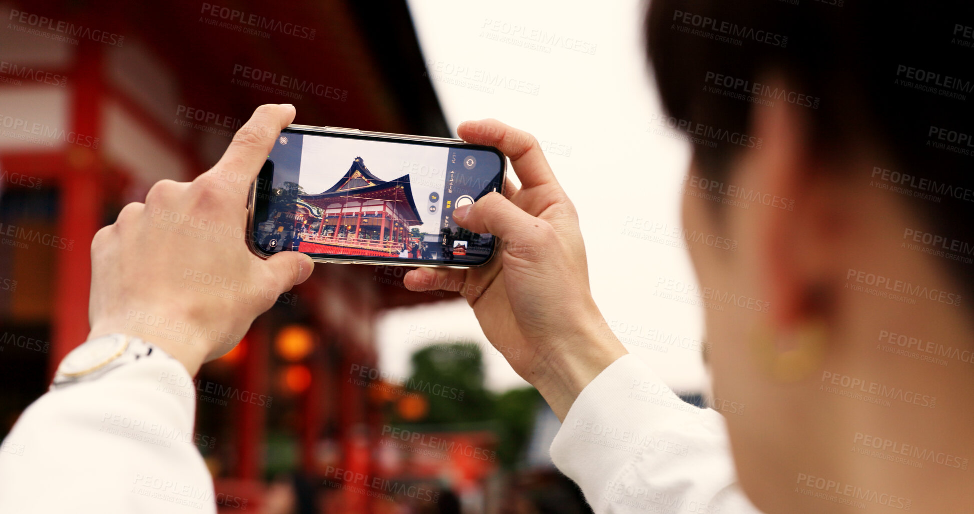 Buy stock photo Phone, hands and tourist with picture in Japan on vacation, holiday trip or travel. Smartphone, person and closeup photography of Fushimi inari-taisha temple in Kyoto on mobile technology outdoor