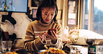 Japanese woman, smartphone and healthy food in restaurant for dinner, nutrition and happy on social media. Person, mobile phone or lunch in tokyo city with umami flavor or vegetarian dish on vacation