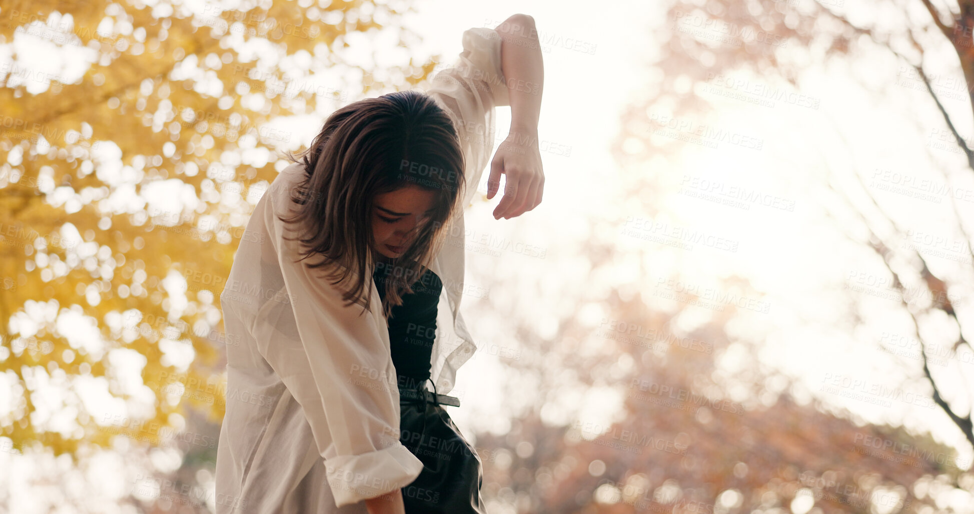 Buy stock photo Outdoor, dancing and woman with talent, Japan and performance with training, routine and creative industry. Happy, contemporary and girl with summer, movement and dancer with practice and energy