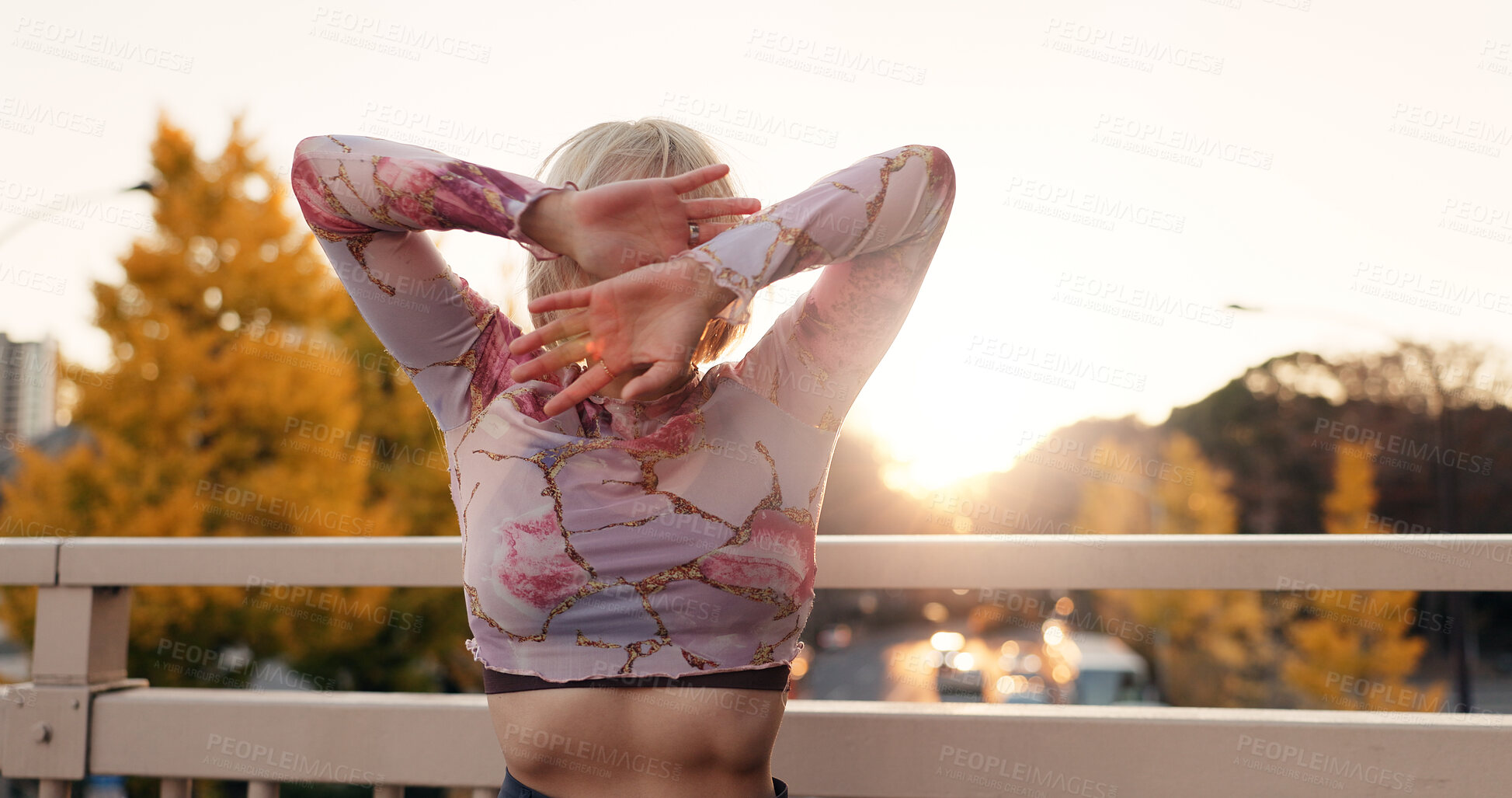 Buy stock photo Outdoor, dance and woman with energy, sunshine and performance with training, routine and creative industry. Japanese, contemporary dancer or girl with summer, movement and art with culture or talent