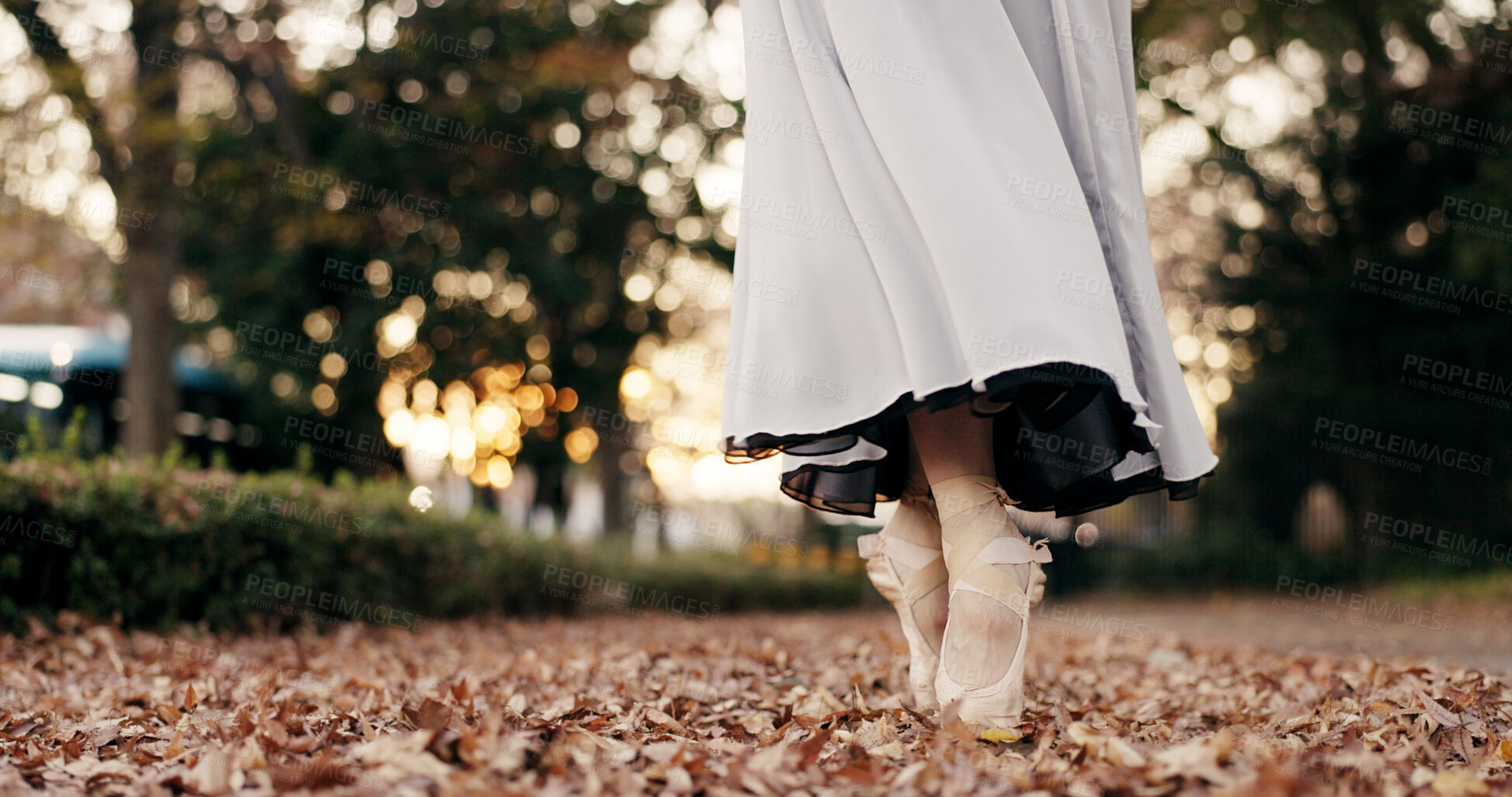 Buy stock photo Ballerina, dancer and pointe in nature or feet closeup for talent performance, professional or Japanese garden. Legs, shoes and skirt in leaves on street or elegant artist, creative or entertainment