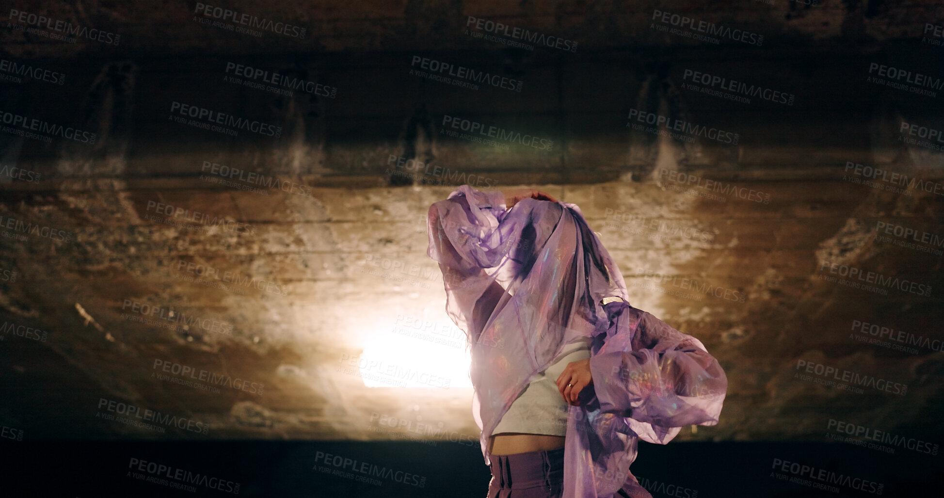 Buy stock photo Japanese woman, dancing and night in city, moving body and freedom for street performance in nature. Girl, dancer and person with art, concert and steps for creativity, expression or balance in Tokyo