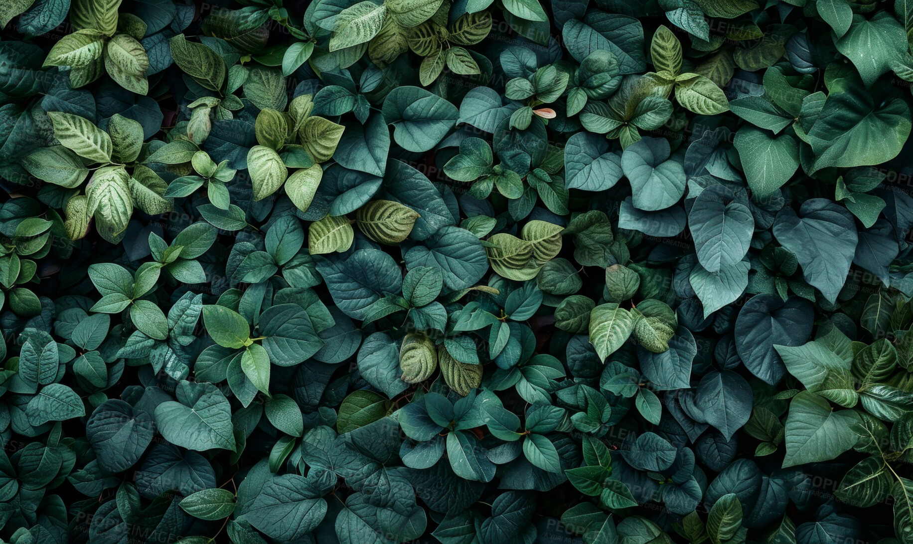 Buy stock photo Leaves, environment and sustainability mockup of plant wall for background, wallpaper and design. Green beauty, lush and natural backdrop with copyspace for ecology, eco friendly or carbon footprint