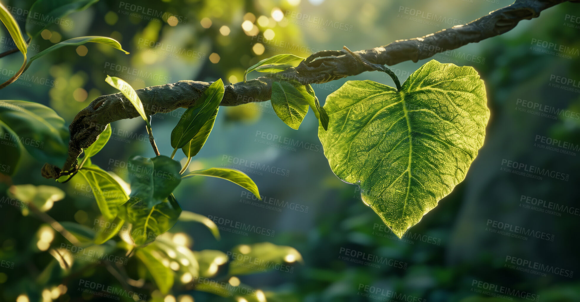 Buy stock photo Leaves, environment and sustainability mockup of trees for background, wallpaper and design. Green beauty, lush and morning light with copyspace for ecology, eco friendly and carbon footprint