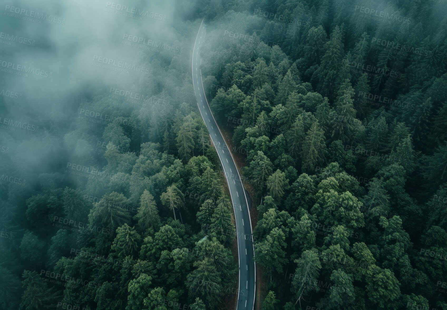 Buy stock photo Highway, road and drone view of a path through the forest for vacation, adventure and transportation. Clean, green and jungle landscape for environment, sustainability and ecology background