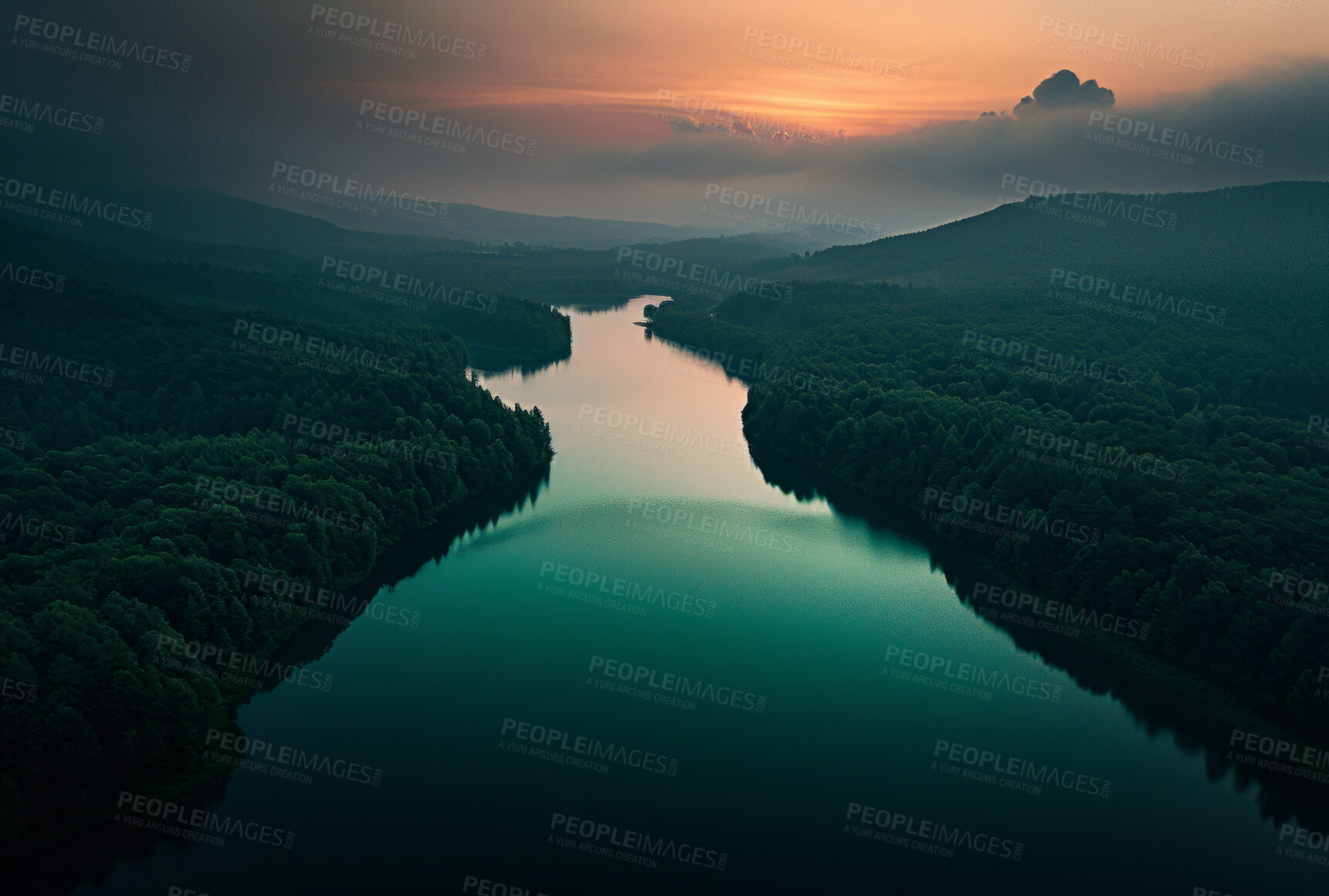 Buy stock photo Drone view, environment or sustainability of forrest river for background, wallpaper and design. Green beauty, lush and natural backdrop with copyspace for ecology, eco friendly or carbon footprint