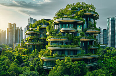 Architecture, sustainability or construction with apartment and business buildings city for carbon footprint, environment and futuristic. Green, glass and eco friendly with town for ecology and plant