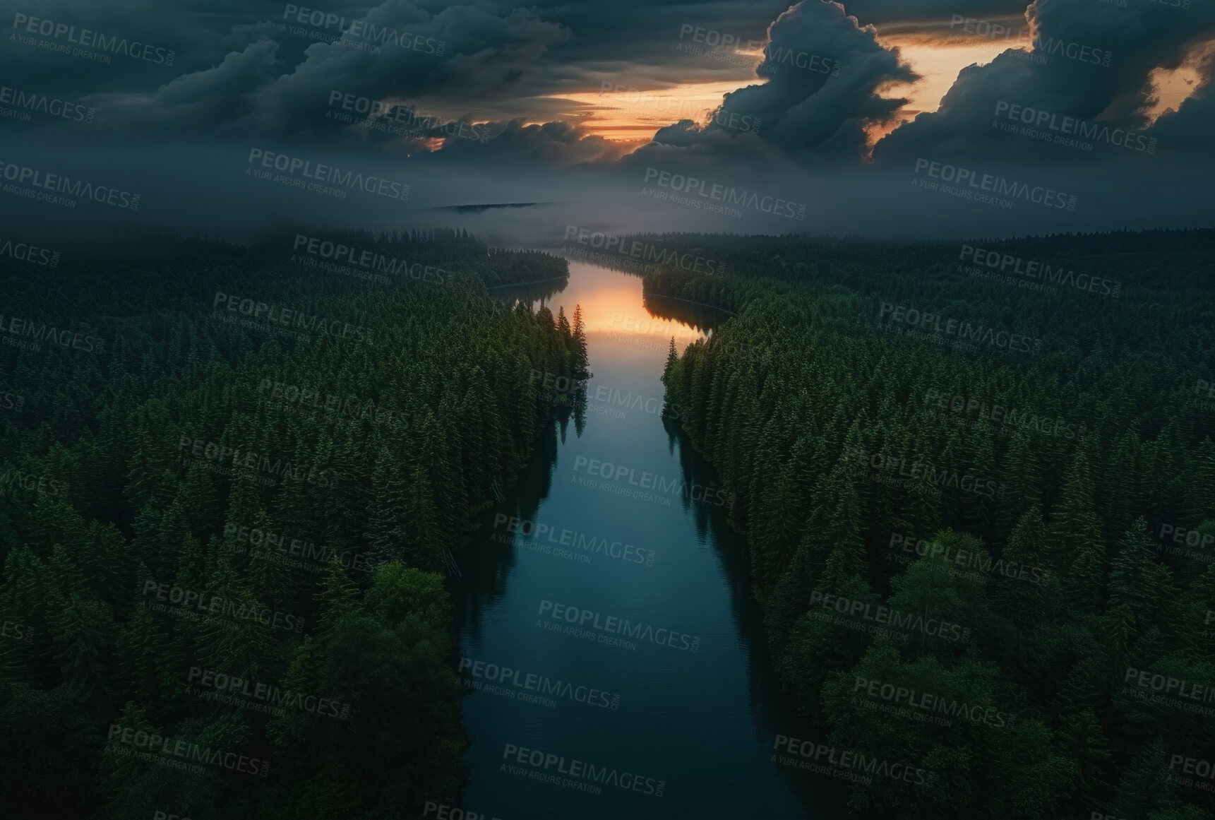 Buy stock photo Drone view, environment or sustainability of forrest river for background, wallpaper and design. Green beauty, lush and natural backdrop with copyspace for ecology, eco friendly or carbon footprint