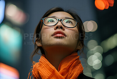 Buy stock photo Portrait, street business and asian woman looking up in the city for freelancer, commute and urban travel. Serious, confident and female entrepreneur walking and smiling for exploration and leadership