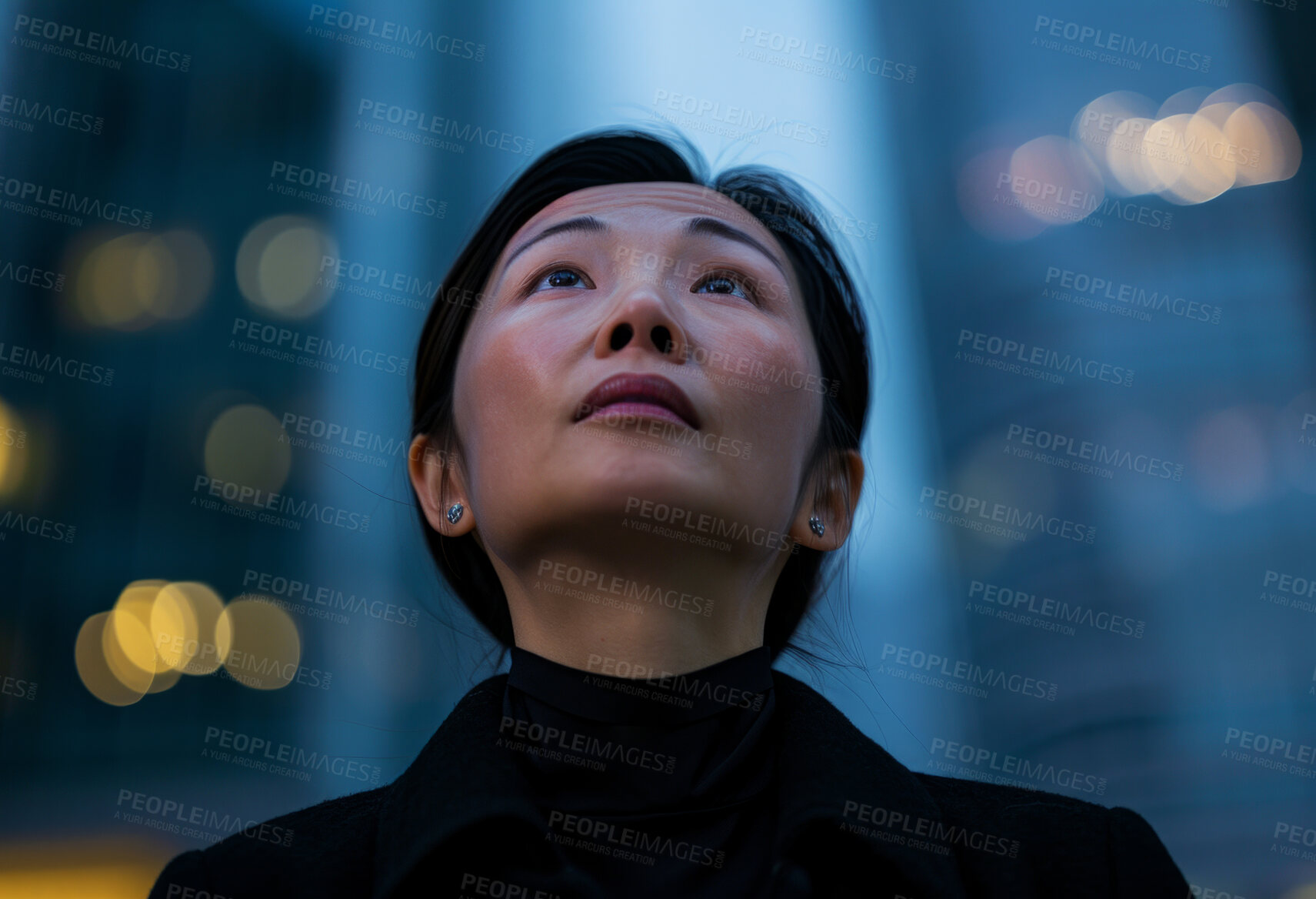 Buy stock photo Portrait, street business and asian woman looking up in the city for freelancer, commute and urban travel. Serious, confident and female entrepreneur walking and smiling for exploration and leadership