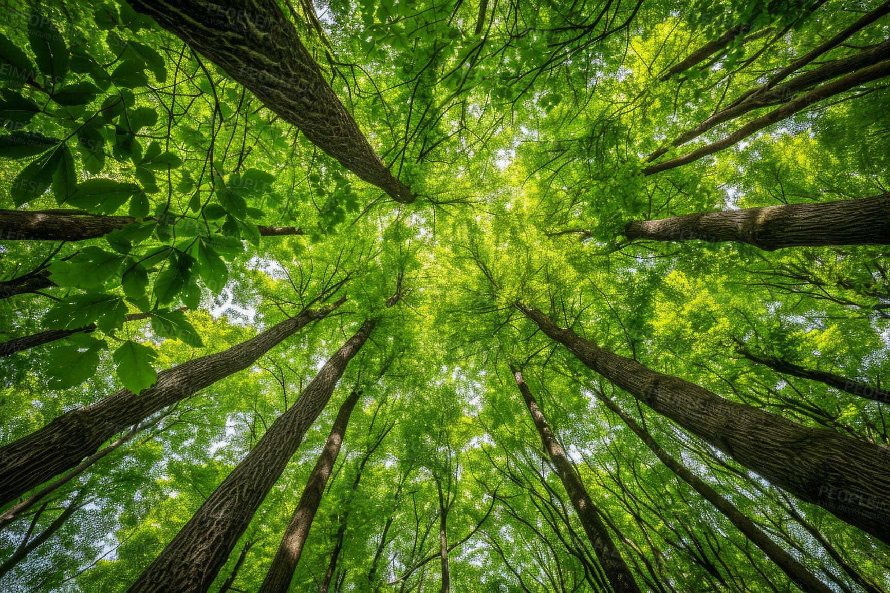 Buy stock photo Worm view, environment and sustainability mockup of trees for background, wallpaper and design. Green beauty, lush and morning light with copyspace for ecology, eco friendly and carbon footprint