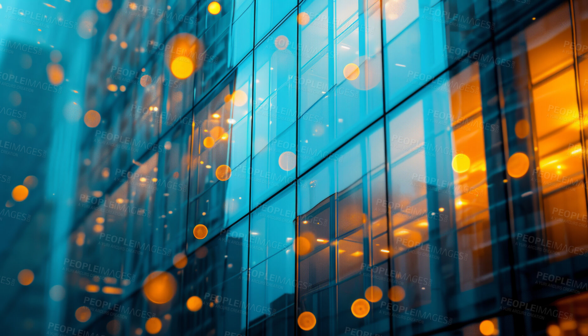Buy stock photo Abstract bokeh, building and blurred architecture background for design, finance and financial business center. Colorful, urban city and glow reflection mockup for investment, economy and wallpaper