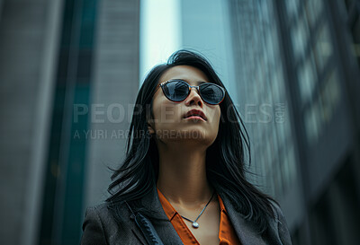 Buy stock photo Portrait, street business and asian woman looking up in the city for freelancer, commute and urban travel. Serious, confident and female entrepreneur walking and smiling for exploration and leadership