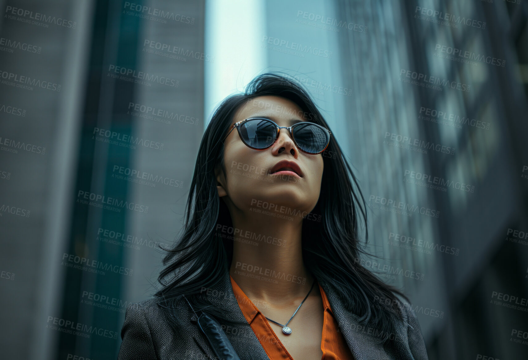 Buy stock photo Portrait, street business and asian woman looking up in the city for freelancer, commute and urban travel. Serious, confident and female entrepreneur walking and smiling for exploration and leadership