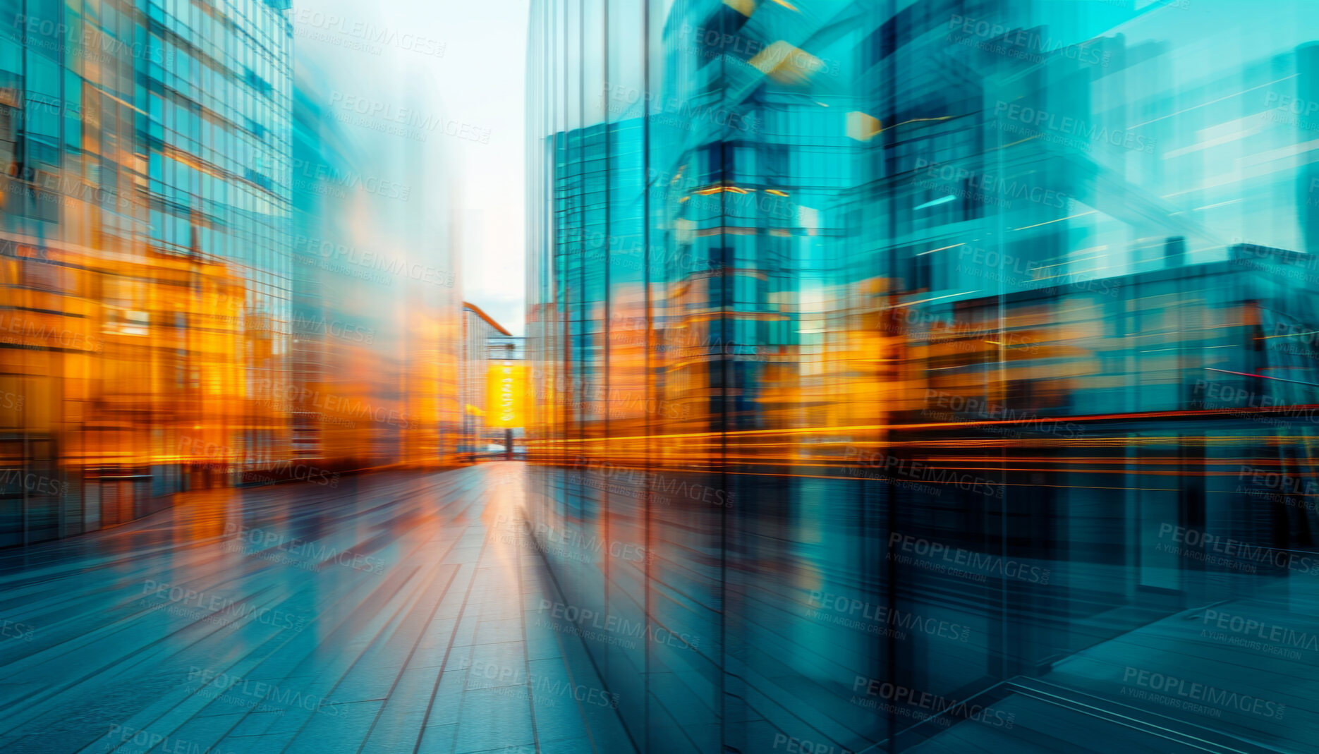 Buy stock photo Abstract bokeh, building and blurred architecture background for design, finance and financial business center. Colorful, urban city and glow reflection mockup for investment, economy and wallpaper