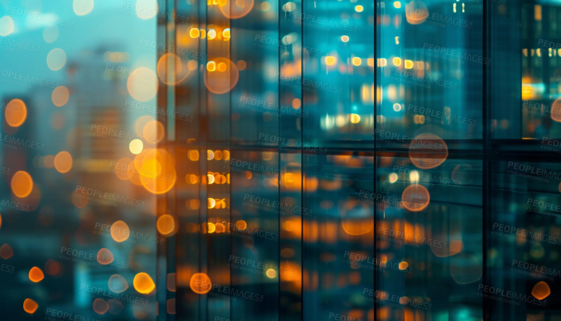 Buy stock photo Abstract bokeh, building and blurred architecture background for design, finance and financial business center. Colorful, urban city and glow reflection mockup for investment, economy and wallpaper