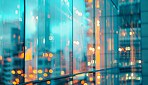 Abstract bokeh, building and blurred architecture background for design, finance and financial business center. Colorful, urban city and glow reflection mockup for investment, economy and wallpaper