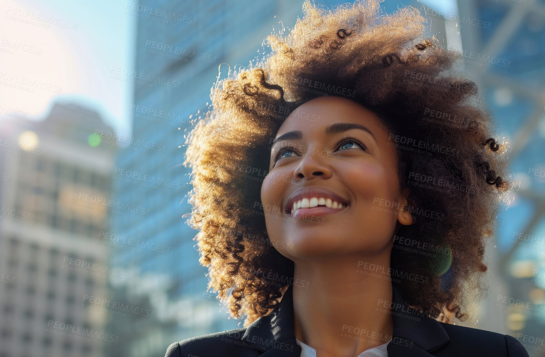 Buy stock photo Portrait, street business and black woman in the city for freelancer, commute and urban travel. Happy, confident and female entrepreneur walking and smiling for exploration, leadership and corporate