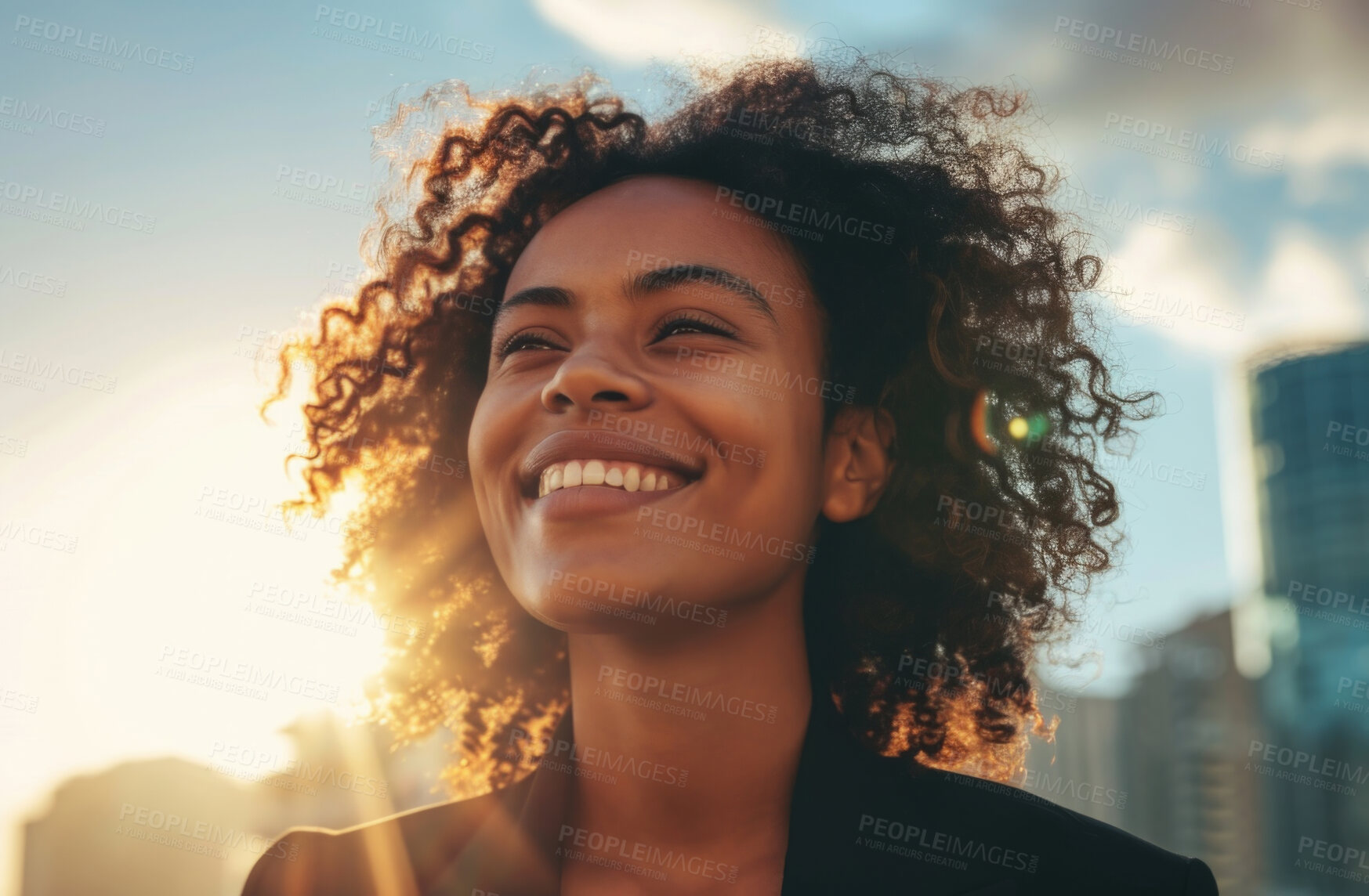 Buy stock photo Portrait, street business and black woman in the city for freelancer, commute and urban travel. Happy, confident and female entrepreneur walking and smiling for exploration, leadership and corporate