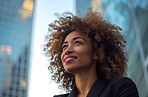 Portrait, street business and black woman in the city for freelancer, commute and urban travel. Happy, confident and female entrepreneur walking and smiling for exploration, leadership and corporate