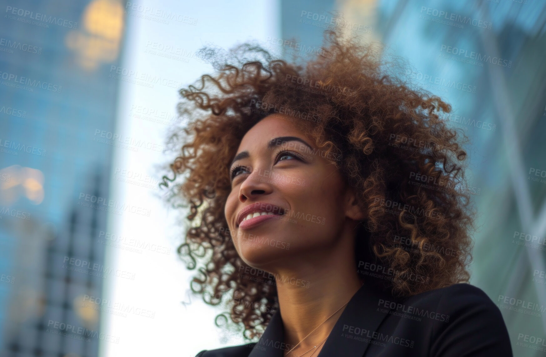 Buy stock photo Portrait, street business and black woman in the city for freelancer, commute and urban travel. Happy, confident and female entrepreneur walking and smiling for exploration, leadership and corporate