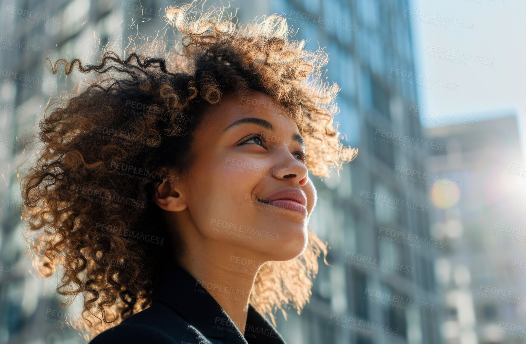 Buy stock photo Portrait, street business and black woman in the city for freelancer, commute and urban travel. Happy, confident and female entrepreneur walking and smiling for exploration, leadership and corporate