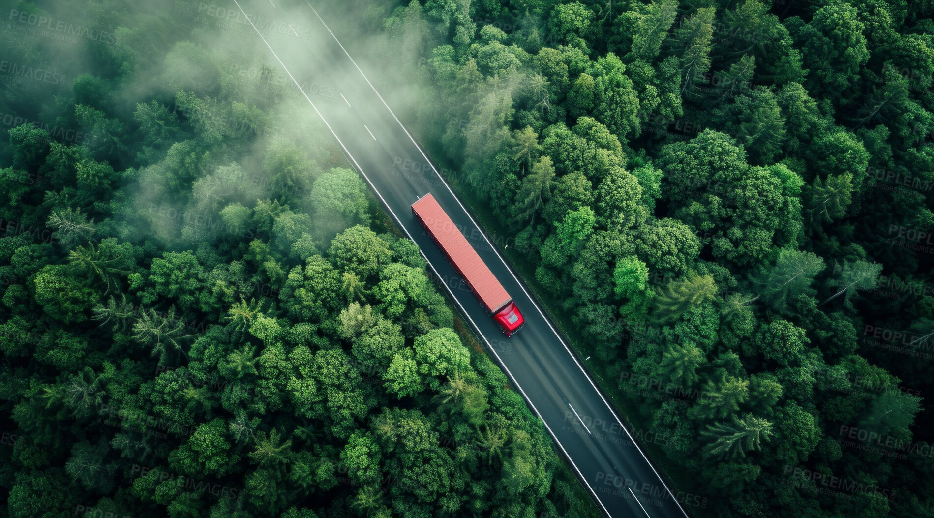 Buy stock photo Highway, road and truck drone view of a path through the forest for vacation, adventure and transportation. Clean, green and jungle landscape for environment, sustainability and ecology background