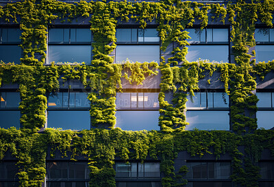 Architecture, sustainability or construction with apartment and business buildings city for carbon footprint, environment and futuristic. Green, glass and eco friendly with town for ecology and plant