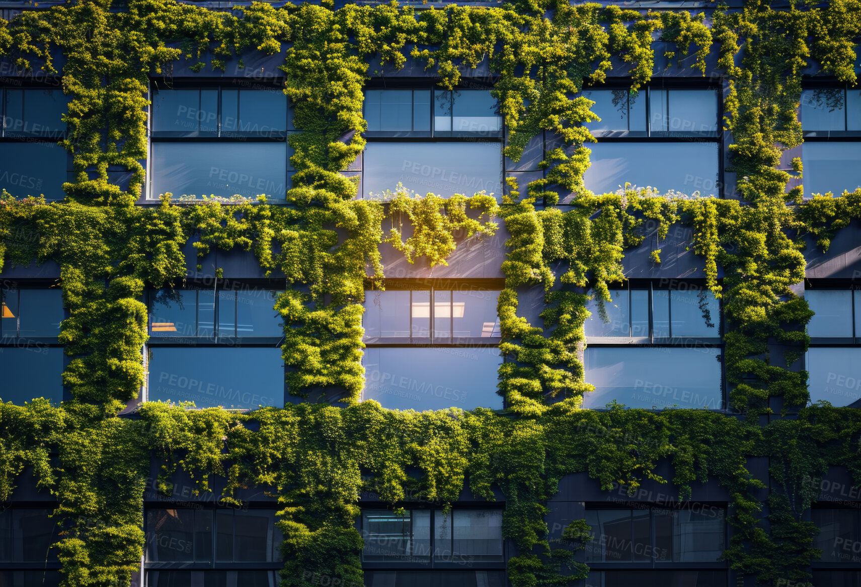 Buy stock photo Architecture, sustainability or construction with apartment and business buildings city for carbon footprint, environment and futuristic. Green, glass and eco friendly with town for ecology and plant