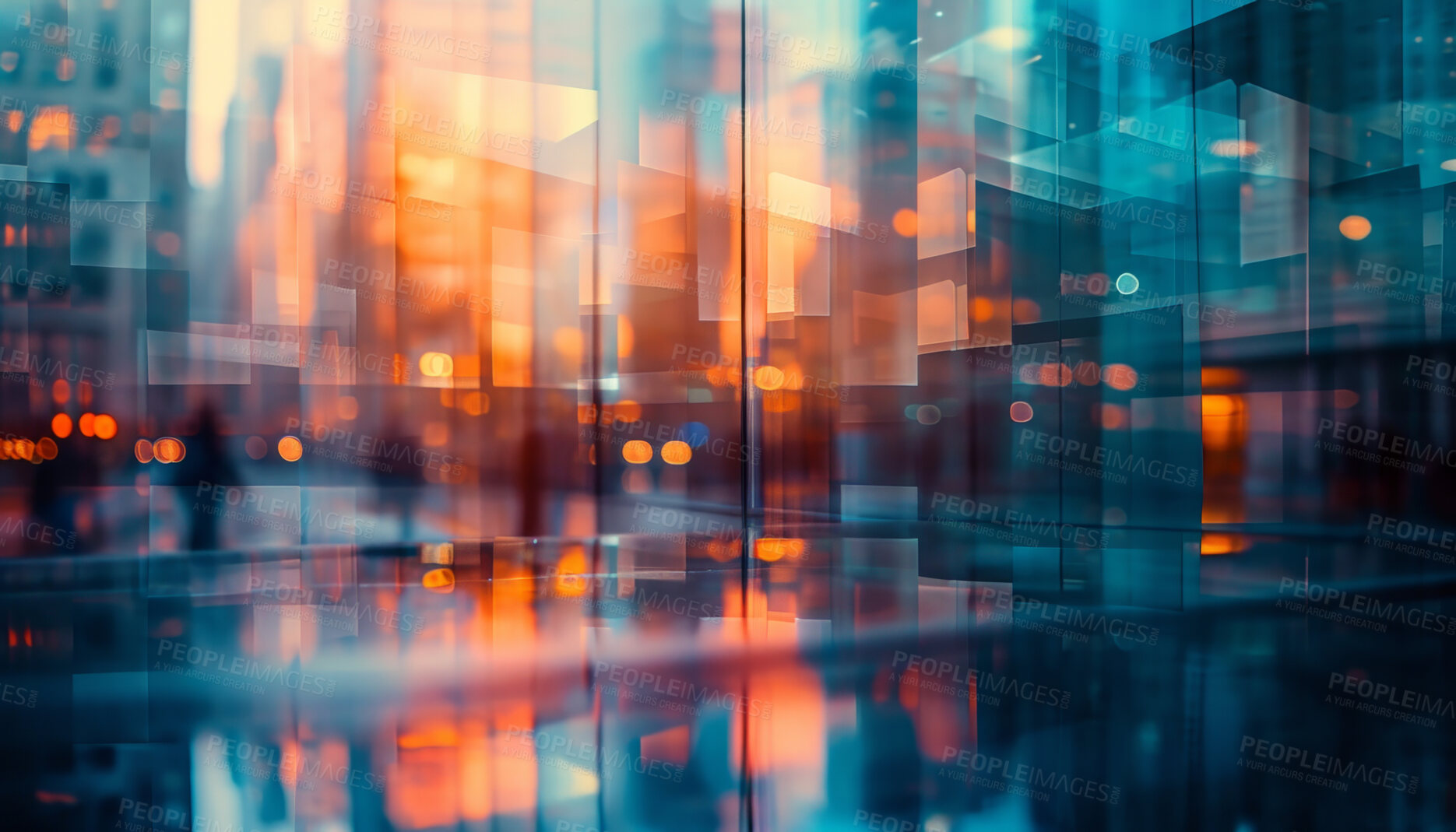 Buy stock photo Abstract bokeh, building and blurred architecture background for design, finance and financial business center. Colorful, urban city and glow reflection mockup for investment, economy and wallpaper