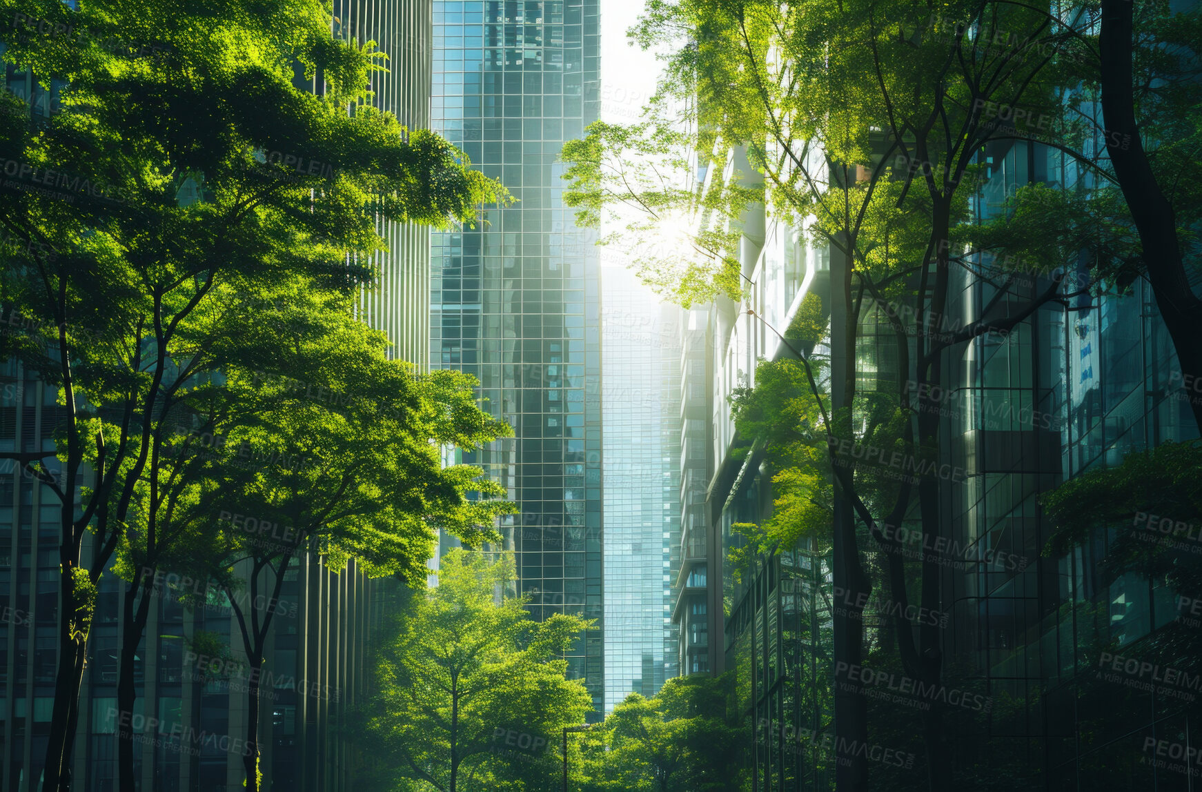 Buy stock photo Architecture, sustainability or construction with apartment and business buildings city for carbon footprint, environment and futuristic. Green, glass and eco friendly with town for ecology and plant
