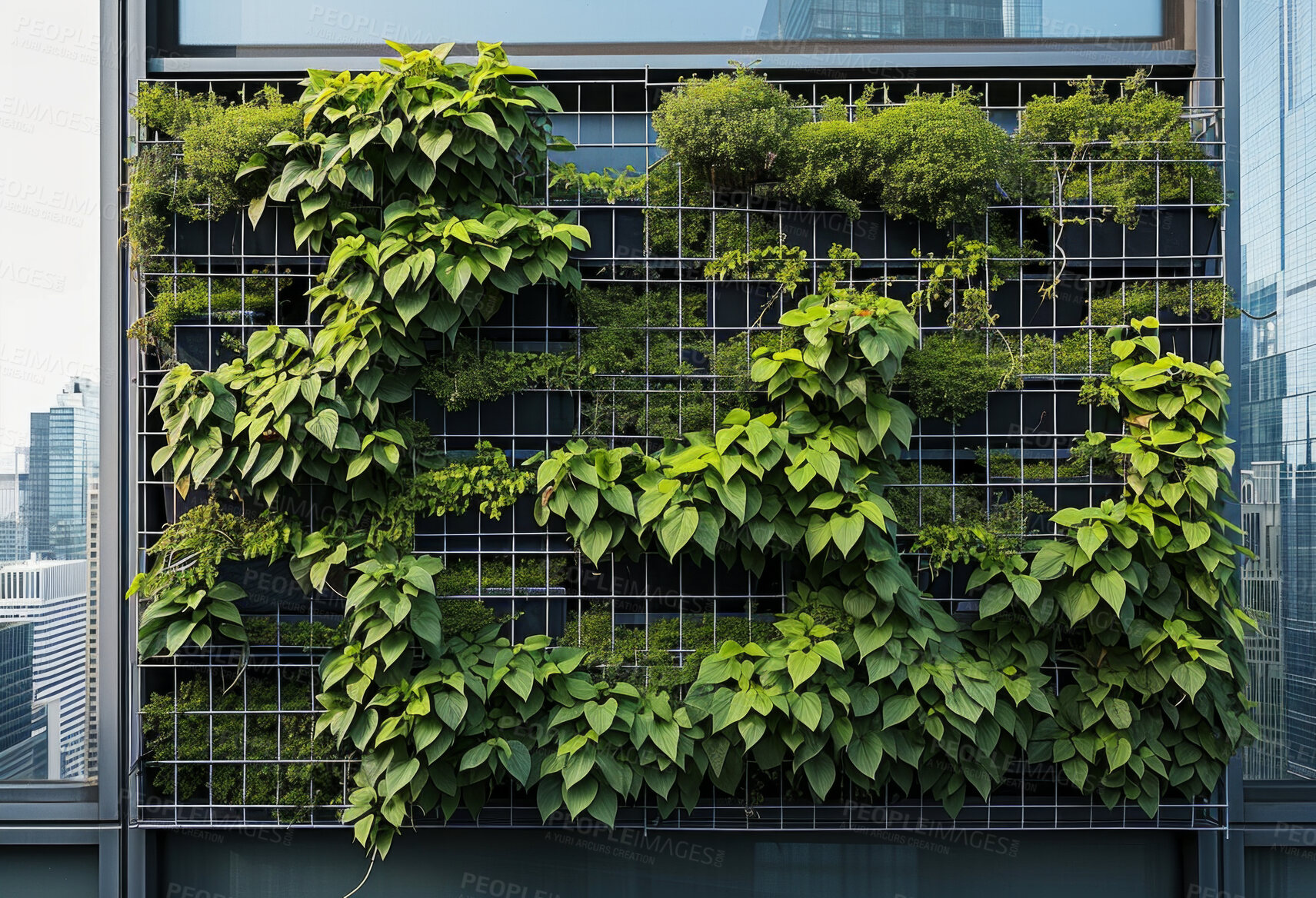 Buy stock photo Leaves, environment and sustainability mockup of plant wall for background, wallpaper and design. Green beauty, lush and natural backdrop with copyspace for ecology, eco friendly or carbon footprint