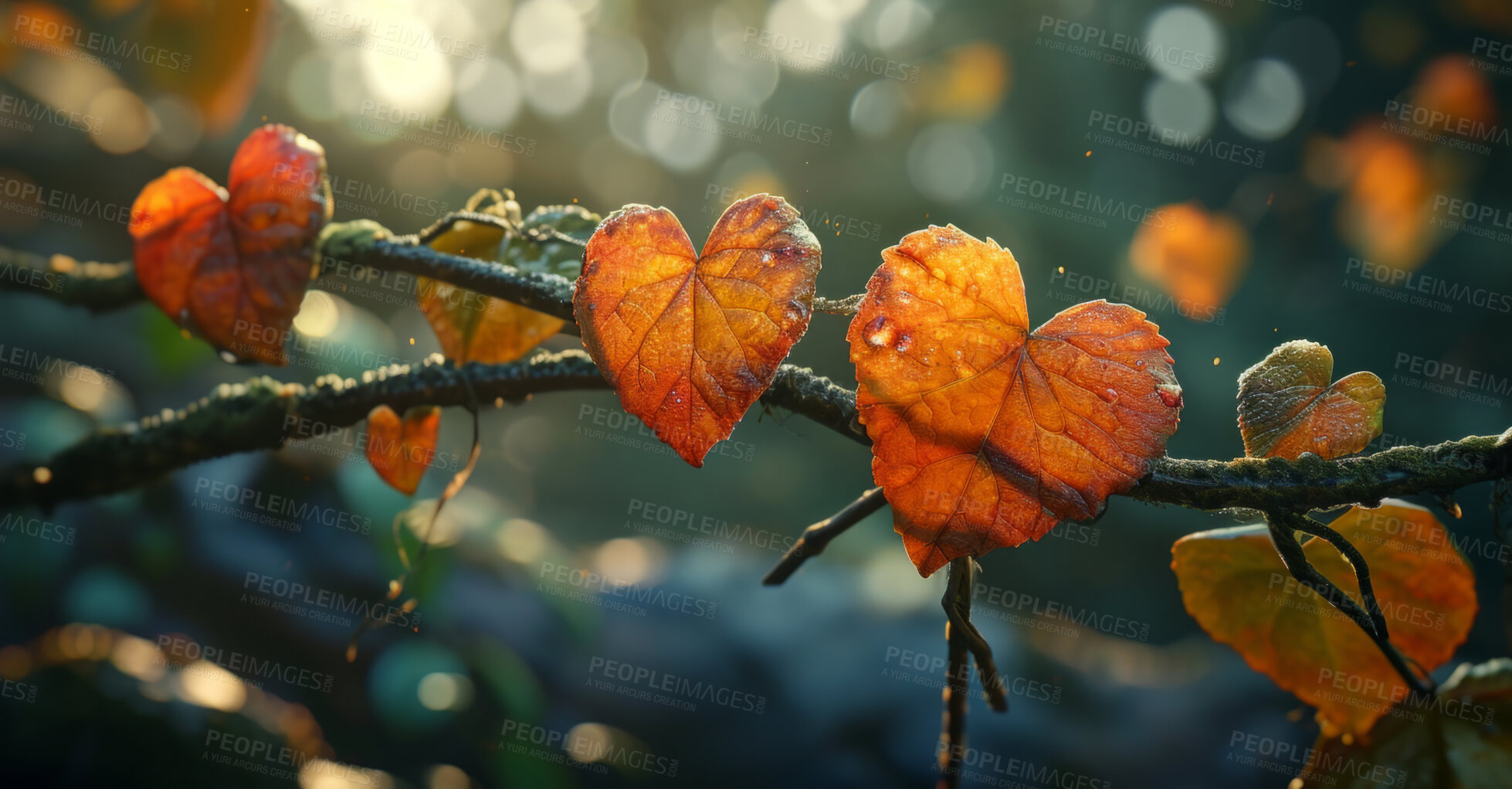 Buy stock photo Leaves, environment and sustainability mockup of trees for background, wallpaper and design. Autumn beauty, lush and morning light with copyspace for ecology, eco friendly and carbon footprint