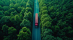 Highway, road and truck drone view of a path through the forest for vacation, adventure and transportation. Clean, green and jungle landscape for environment, sustainability and ecology background