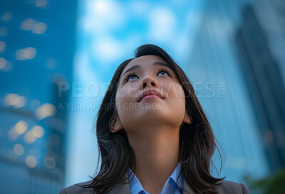 Portrait, street business and asian woman looking up in the city for freelancer, commute and urban travel. Happy, confident and female entrepreneur walking and smiling for exploration and leadership