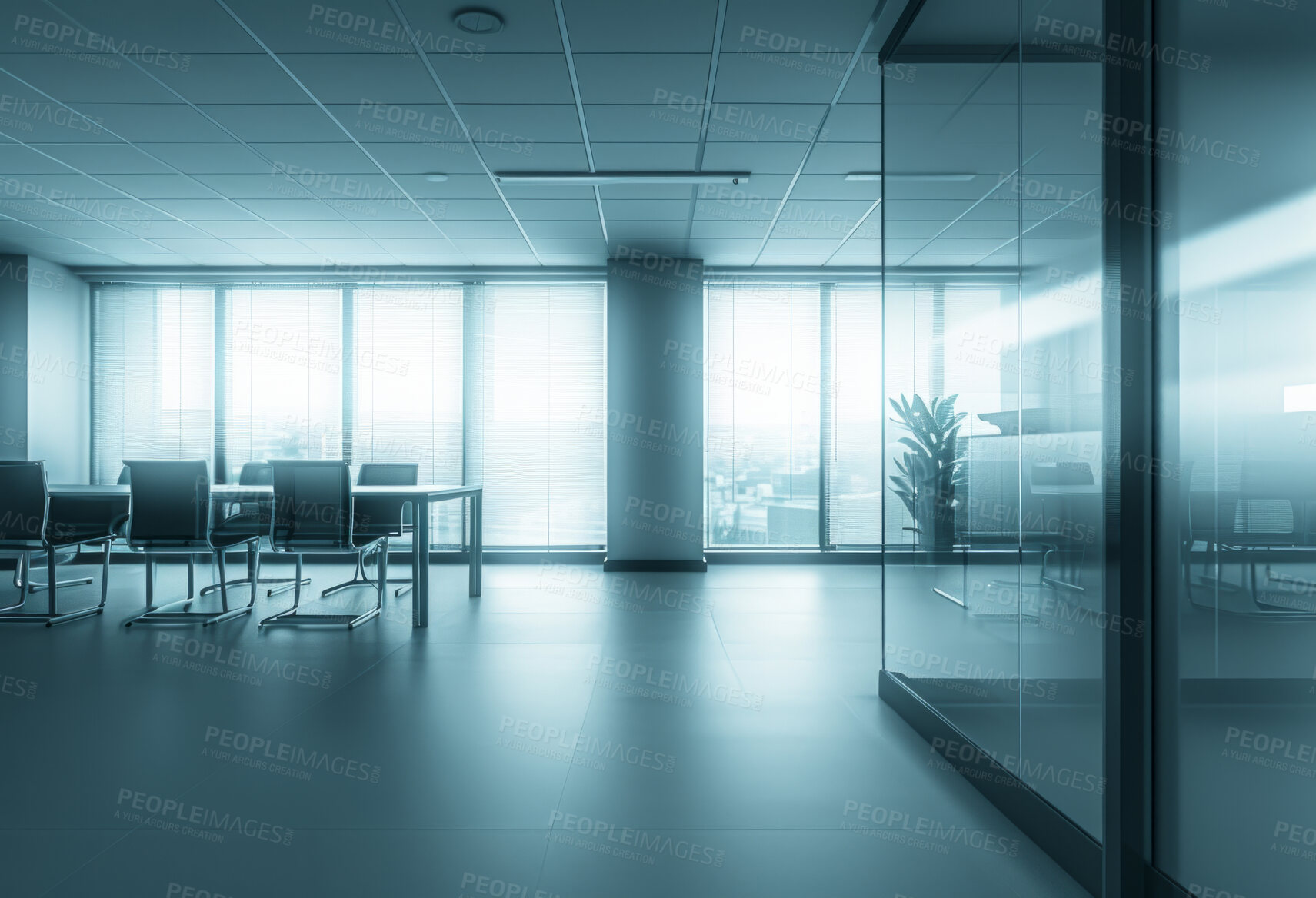 Buy stock photo Empty office, interior and architecture design for corporate building, professional and creative workspace. Perspective, clean and work space mockup background for poster, wallpaper and inspiration