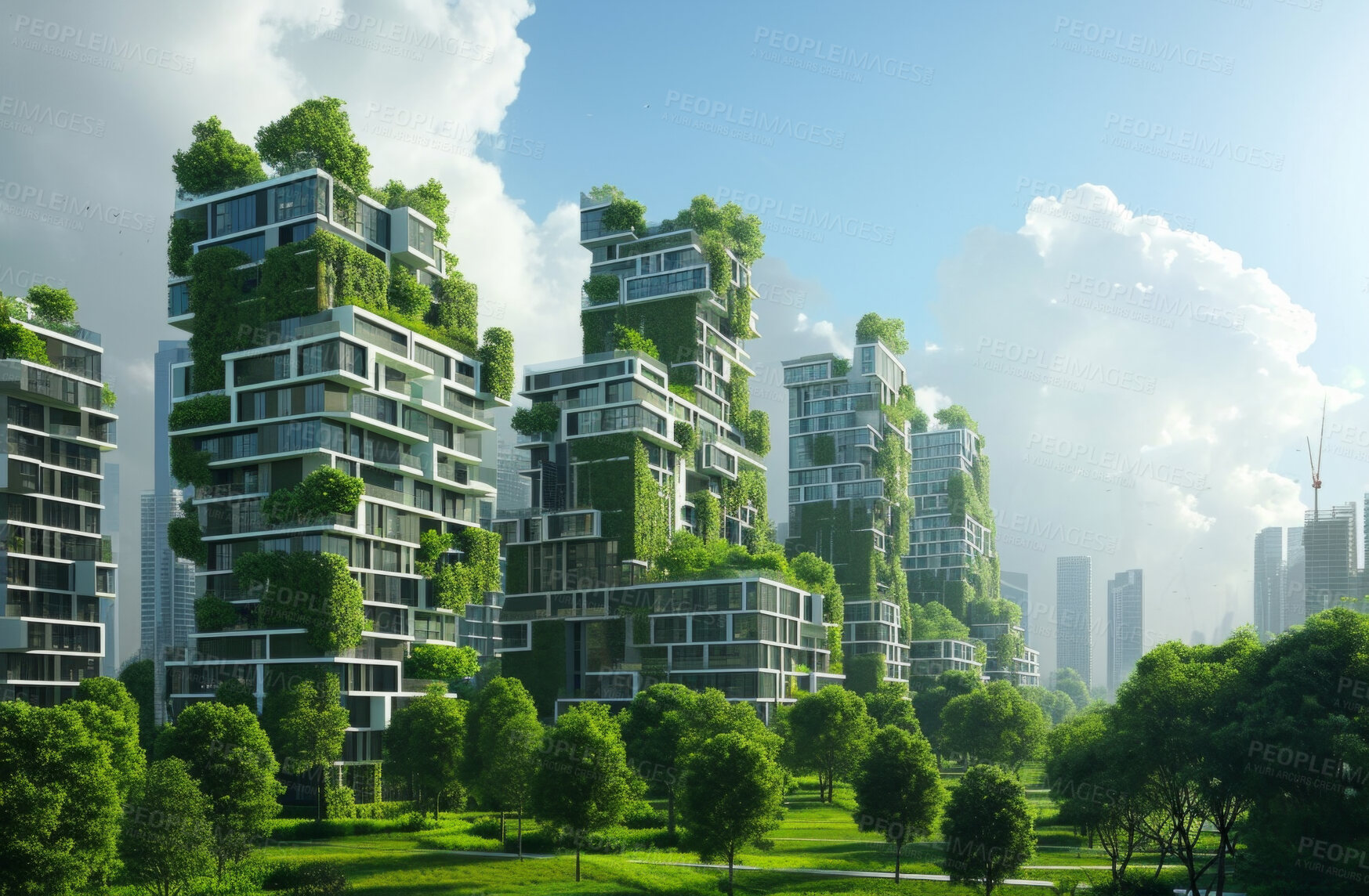 Buy stock photo Architecture, sustainability or construction with apartment and business buildings city for carbon footprint, environment and futuristic. Green, glass and eco friendly with town for ecology and plant