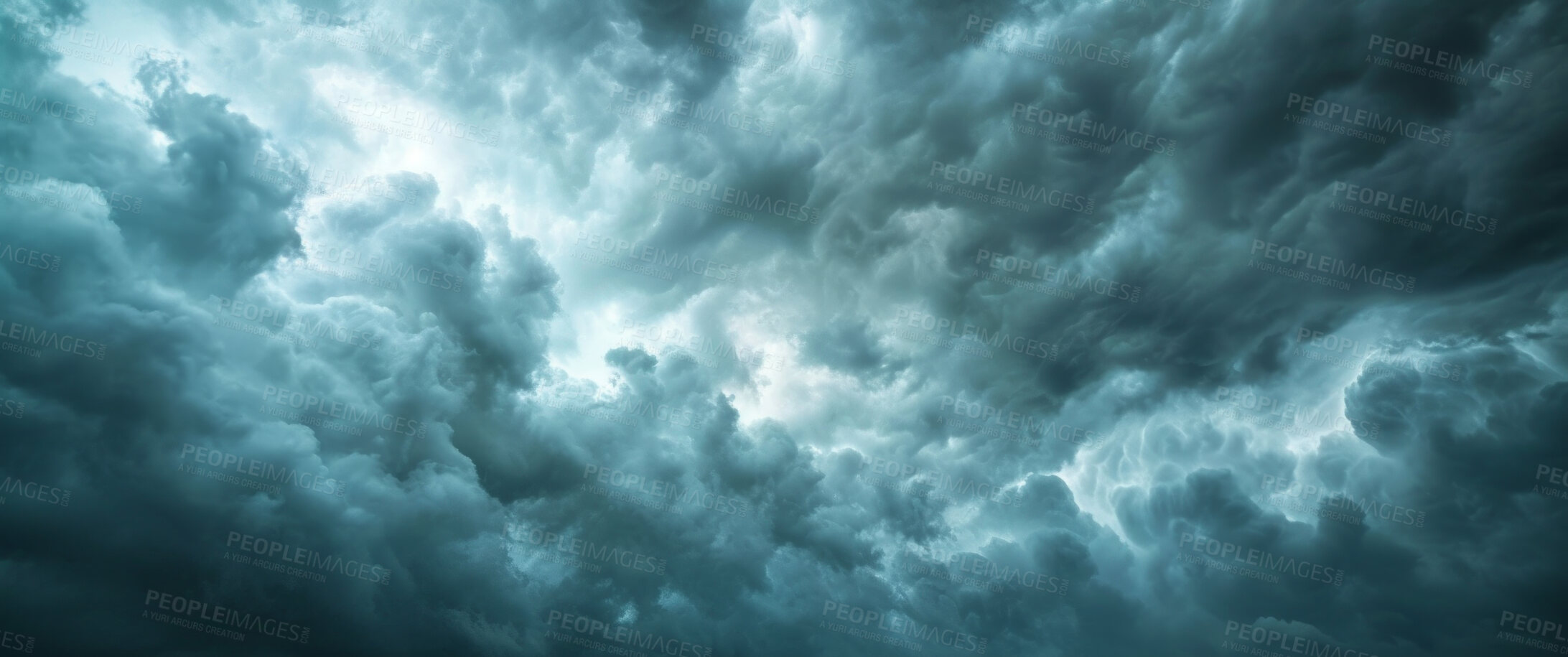 Buy stock photo Abstract, storm clouds and outdoor climate change background for environment, weather danger and disaster. Dark sky, rain and hurricane backdrop mockup for poster, news report or wallpaper design