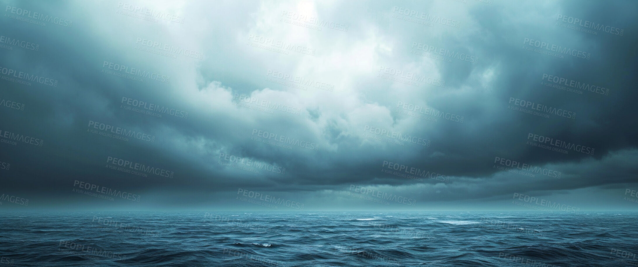 Buy stock photo Abstract, storm clouds and outdoor climate change background for environment, weather danger and disaster. Dark sky, rain and hurricane backdrop mockup for poster, news report or wallpaper design