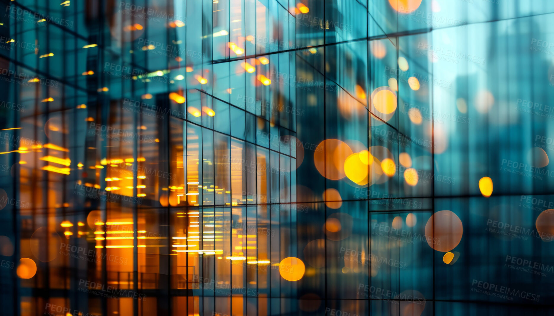 Buy stock photo Abstract bokeh, building and blurred architecture background for design, finance and financial business center. Colorful, urban city and glow reflection mockup for investment, economy and wallpaper