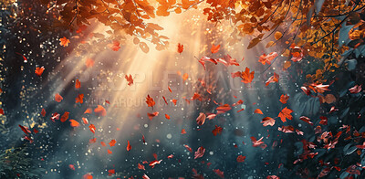 Leaves, environment and sustainability mockup of trees for background, wallpaper and design. Autumn beauty, lush and morning light with copyspace for ecology, eco friendly and carbon footprint