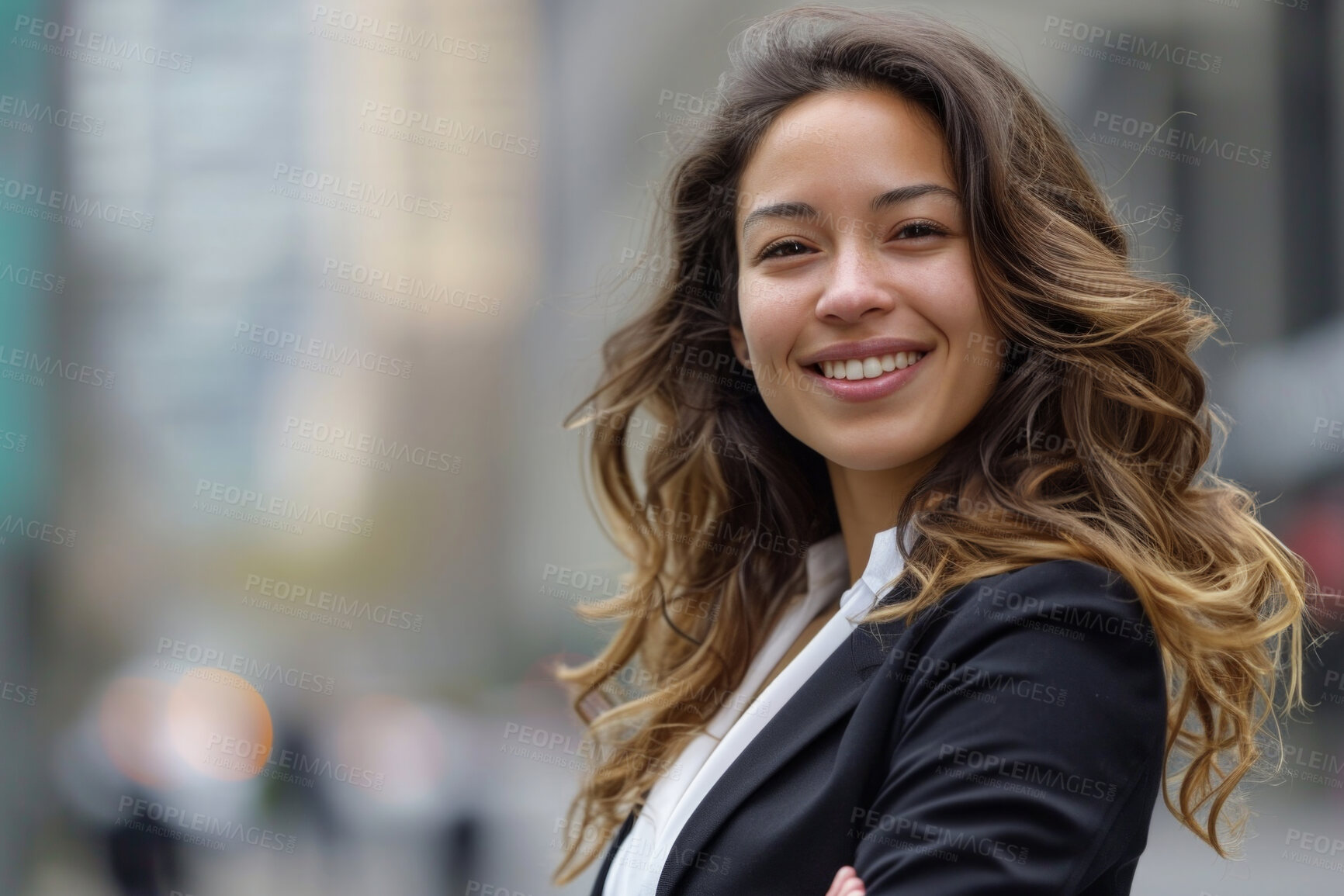 Buy stock photo Portrait, street business and woman in the city for freelancer, commute and urban travel. Happy, confident and young female entrepreneur walking and smiling for exploration, leadership and corporate