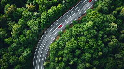 Highway, road and drone view of a path through the forest for vacation, adventure and transportation. Clean, green and jungle landscape for environment, sustainability and ecology background